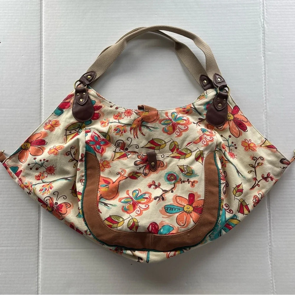 Lucky Brand Large Floral Bird Canvas Hobo Bag Tote Purse Bright Colorful VGUC - Picture 7 of 16
